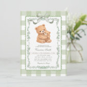 Invitation Sage Green Gingham Bear Mom & Baby (Debout devant)