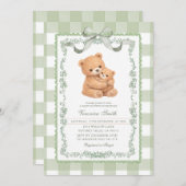 Invitation Sage Green Gingham Bear Mom & Baby (Devant / Derrière)