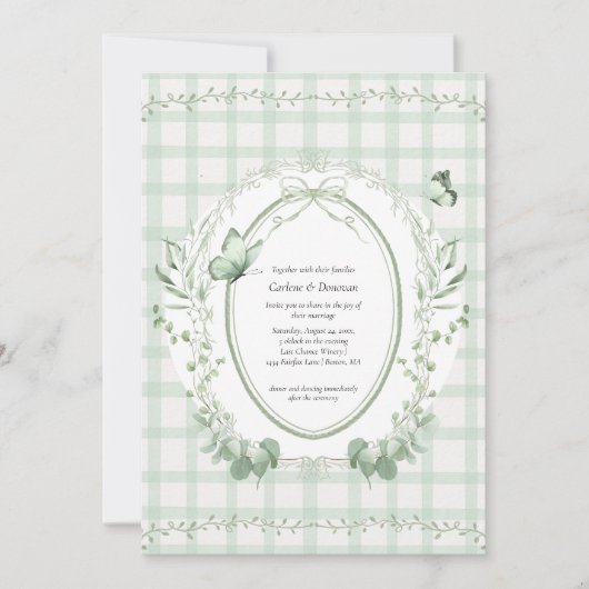Invitation Sage Green Gingham Botanical Wedding | (Devant)