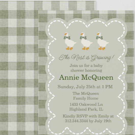 Invitation Sage Green Gingham Buffalo Check Goose Baby Shower