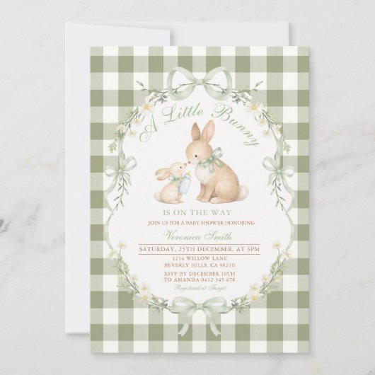 Invitation Sage Green Gingham Bunny Neutral Baby Shower  (Devant)