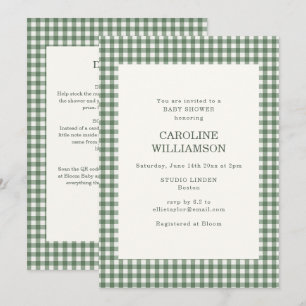 Invitation Sage Green Gingham Combinaison Rétro Baby Shower