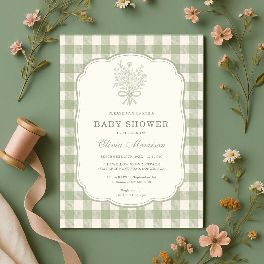 Invitation Sage Green Gingham Floral Bow Baby Shower