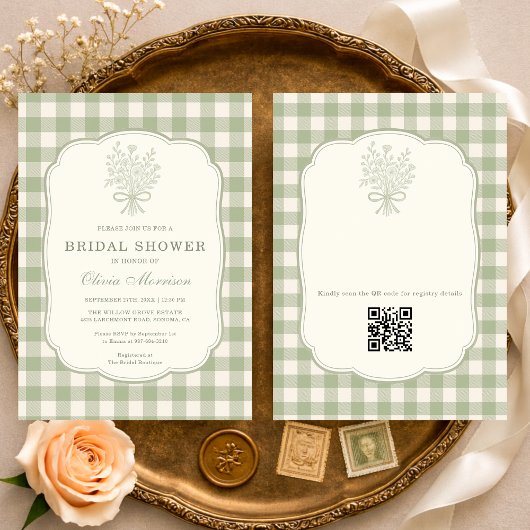 Invitation Sage Green Gingham Floral Code QR Shower de Mariag