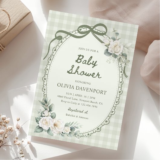 Invitation Sage Green Gingham Floral Garden Baby Shower