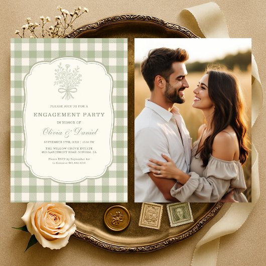 Invitation Sage Green Gingham Floral Photo Engagement Party
