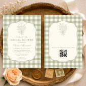 Invitation Sage Green Gingham Floral QR Code Bridal Shower