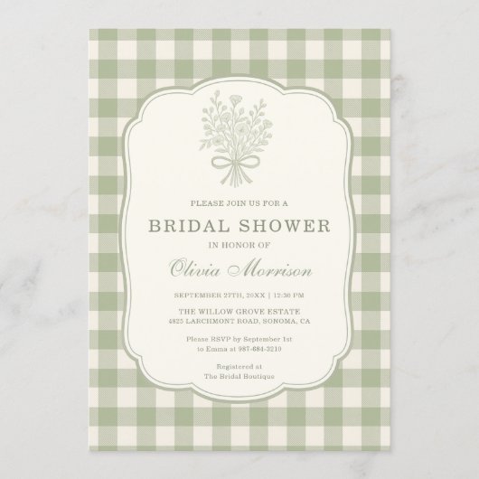 Invitation Sage Green Gingham Floral QR Code Bridal Shower (Devant)