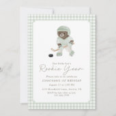 Invitation Sage Green Gingham Hockey Rookie Year Teddy Bear (Devant)