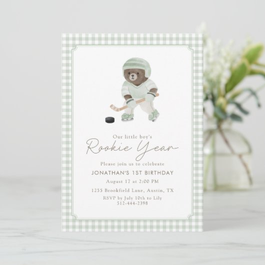Invitation Sage Green Gingham Hockey Rookie Year Teddy Bear (Debout devant)
