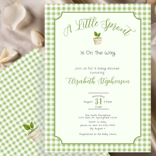 Invitation Sage Green Gingham Little Sprout Baby Shower