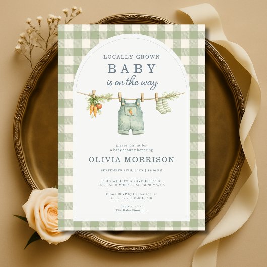 Invitation Sage Green Gingham Locally Grown Baby Shower