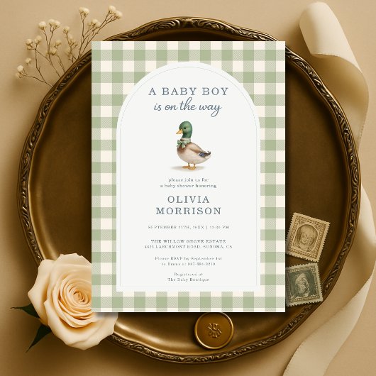 Invitation Sage Green Gingham Mallard Duck Bow Baby Shower