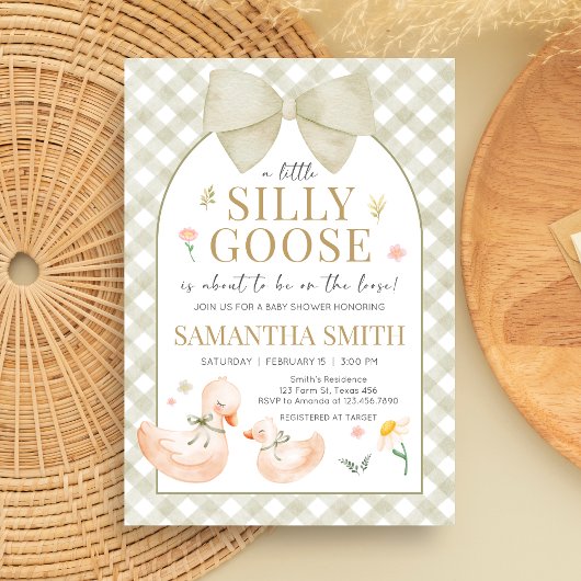Invitation Sage Green Gingham Silly Goose Baby Shower