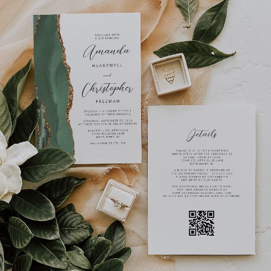 Invitation Sage Green Gold Agate QR Code Mariage