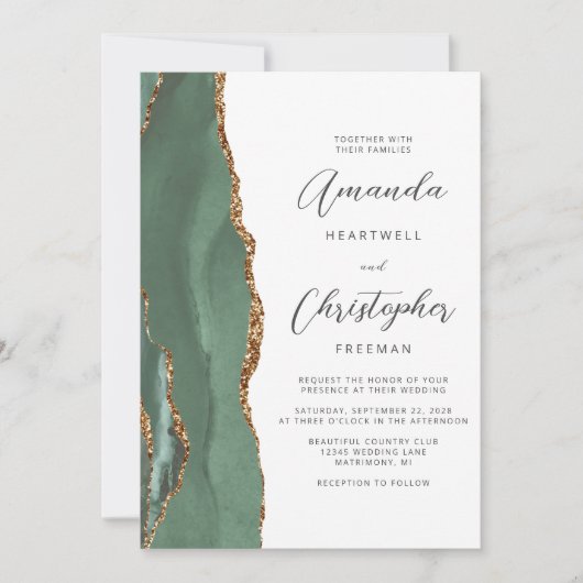 Invitation Sage Green Gold Agate QR Code Mariage (Devant)