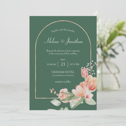 Invitation Sage Green Gold Arch Floral Elegant Boho Mariage (Debout devant)