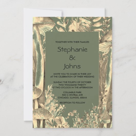 Invitation Sage Green Gold Artistique Champignons Mariage de  (Devant)