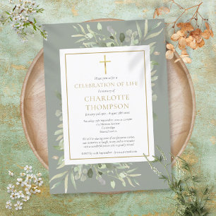 Invitation Sage Green Gold Célébration chrétienne de la vie