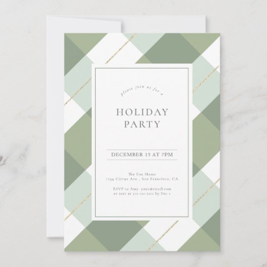 Invitation Sage Green & Gold En vichy Fête de Noël (Devant)
