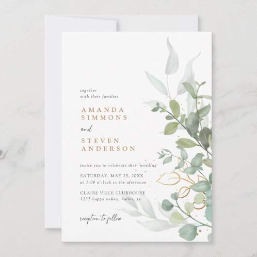 Invitation Sage Green Gold Eucalyptus  Boho Mariage (Devant)