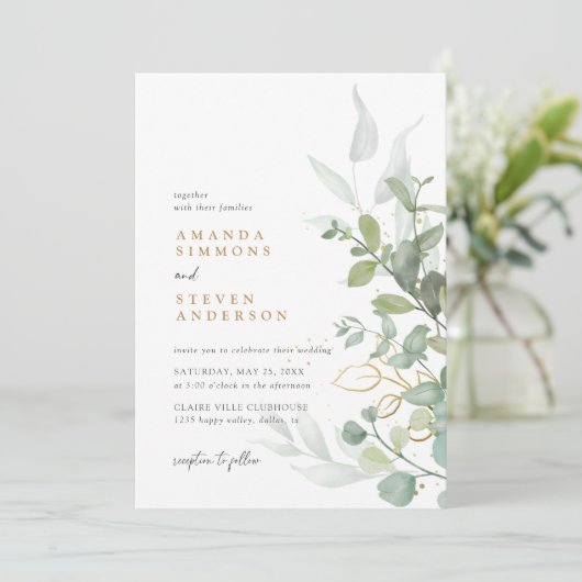 Invitation Sage Green Gold Eucalyptus Boho Mariage (Debout devant)