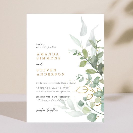 Invitation Sage Green Gold Eucalyptus  Boho Mariage