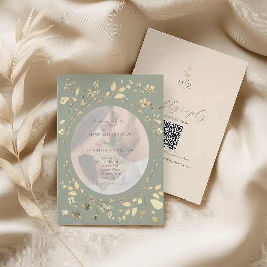 Invitation Sage Green Gold Floral Photo Wedding