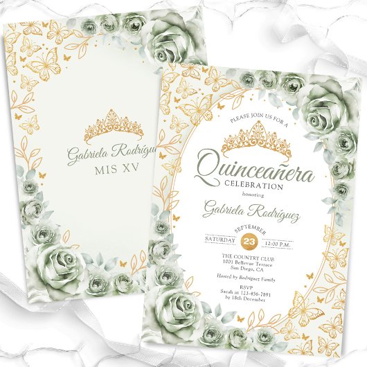 Invitation Sage Green Gold Floral Quinceanera