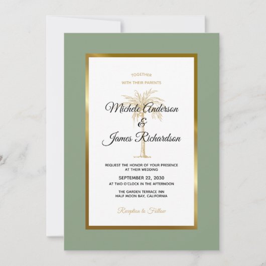 Invitation Sage Green Gold Palm Tree Plage tropicale Mariage (Devant)