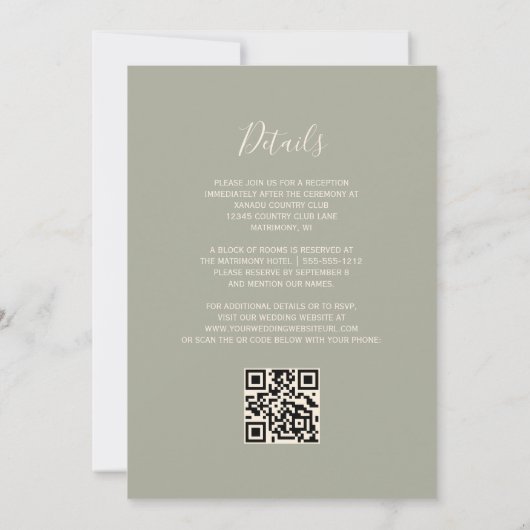 Invitation Sage Green Gold Parties scintillant QR Code Mariag (Dos)