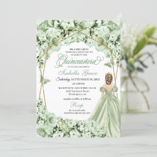 Invitation Sage Green Gold Princesse Robe Quinceanera