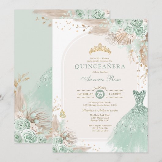 Invitation Sage Green Gold Quinceañera Boho 15e anniversaire (Devant / Derrière)