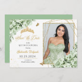 Invitation Sage Green & Gold Quinceañera Enregistrer La Date (Devant / Derrière)