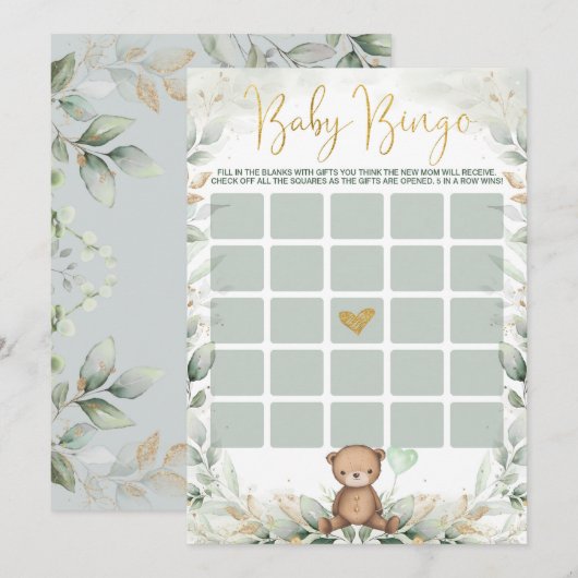 Invitation Sage Green Gold Teddy Bear Bingo Baby shower Jeu (Devant / Derrière)