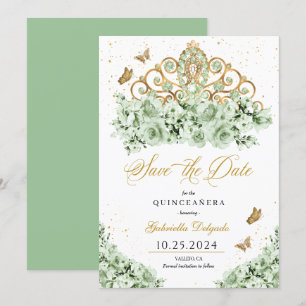 Invitation Sage Green & Gold Tiara Enregistrer La Date Quince