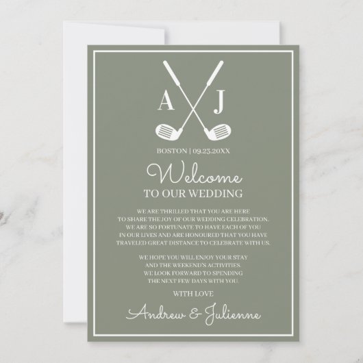 Invitation Sage Green Golf Wedding Welcome Note (Devant)