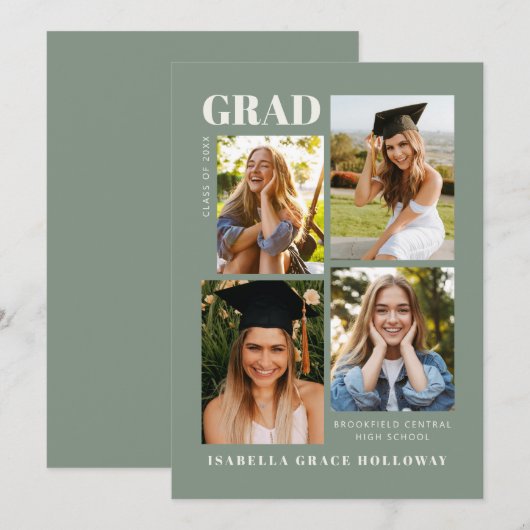 Invitation Sage Green Grad Announcement With Photos (Devant / Derrière)