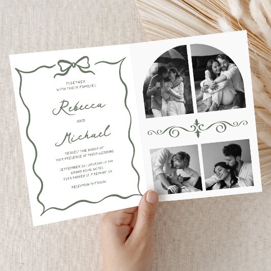 Invitation Sage Green Hand Drawn Bow QR Code Photo Wedding