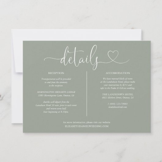 Invitation Sage Green Heart Script Détails Fiche d'informatio (Devant)