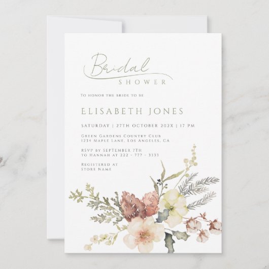 Invitation Sage Green hiver Noël Fête des mariées florale (Devant)