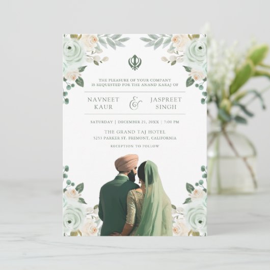 Invitation Sage Green Ivory Anand Karaj Indian Sikh Mariage (Debout devant)