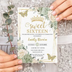 Invitation Sage Green Ivory Floral Butterflies Gold Sweet 16