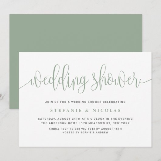 Invitation Sage Green Joli Wedding shower de calligraphie (Devant / Derrière)