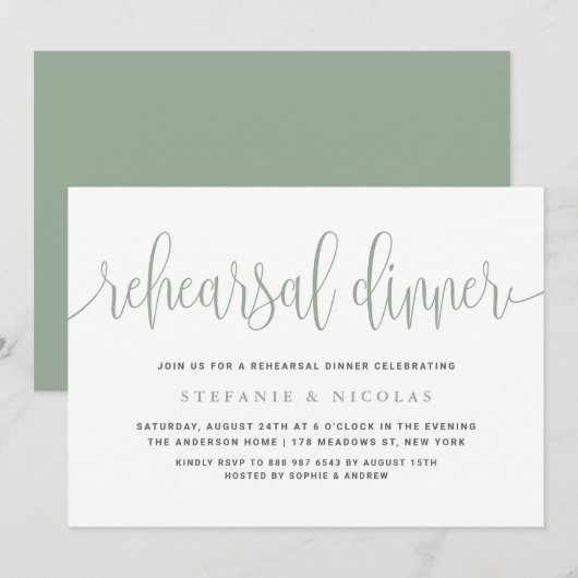 Invitation Sage Green Jolie Calligraphie Dîner de répétition (Devant / Derrière)