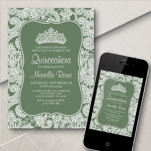 Invitation Sage Green Lace Quinceañera