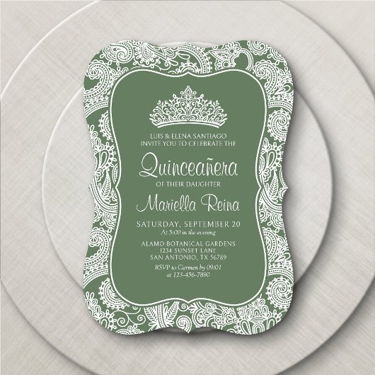 Invitation Sage Green Lace Quinceañera