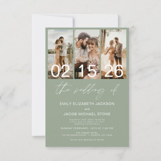 Invitation Sage Green Le Mariage de Photo QR code Elegant (Devant)