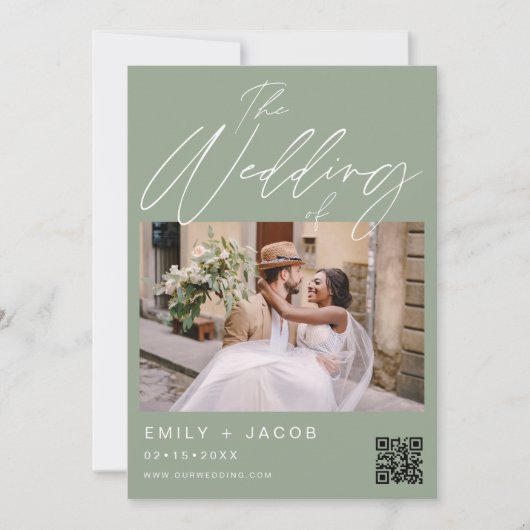 Invitation Sage Green Le Mariage de Two Photo QR code (Devant)
