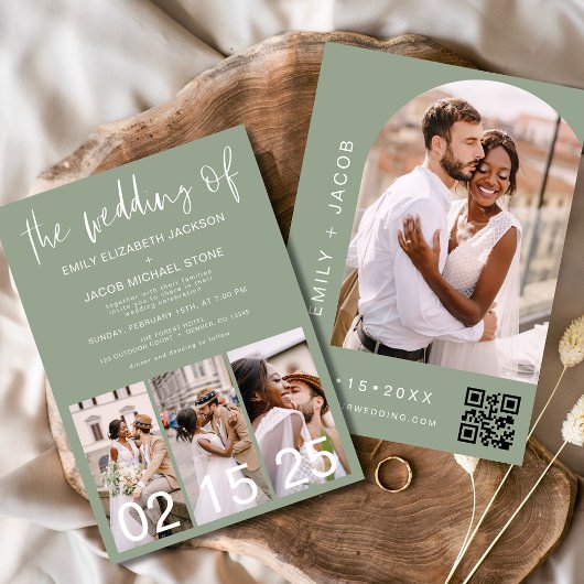 Invitation Sage Green Le Mariage du code QR minimaliste